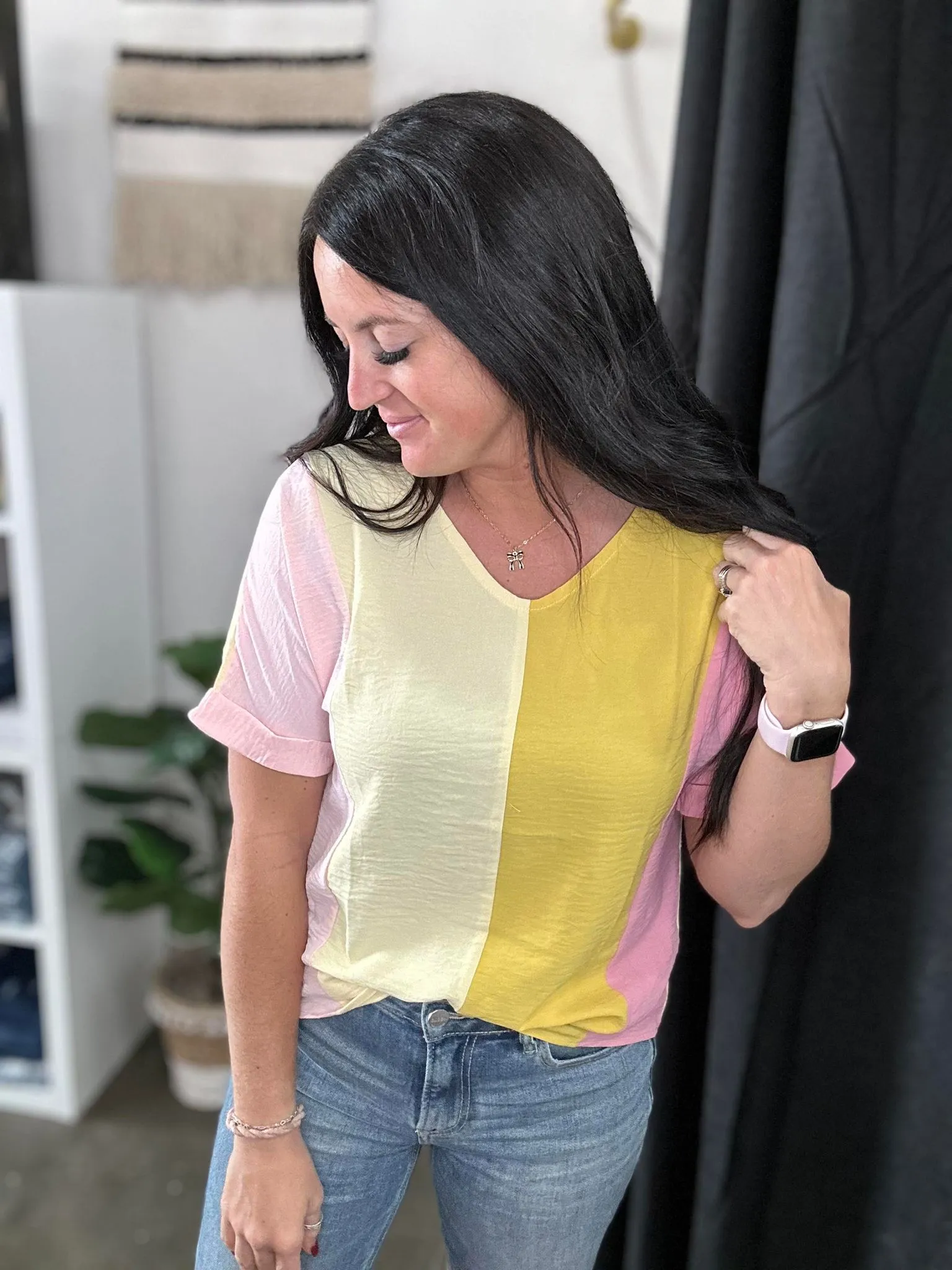 April Crinkled Color Block V Neck Top