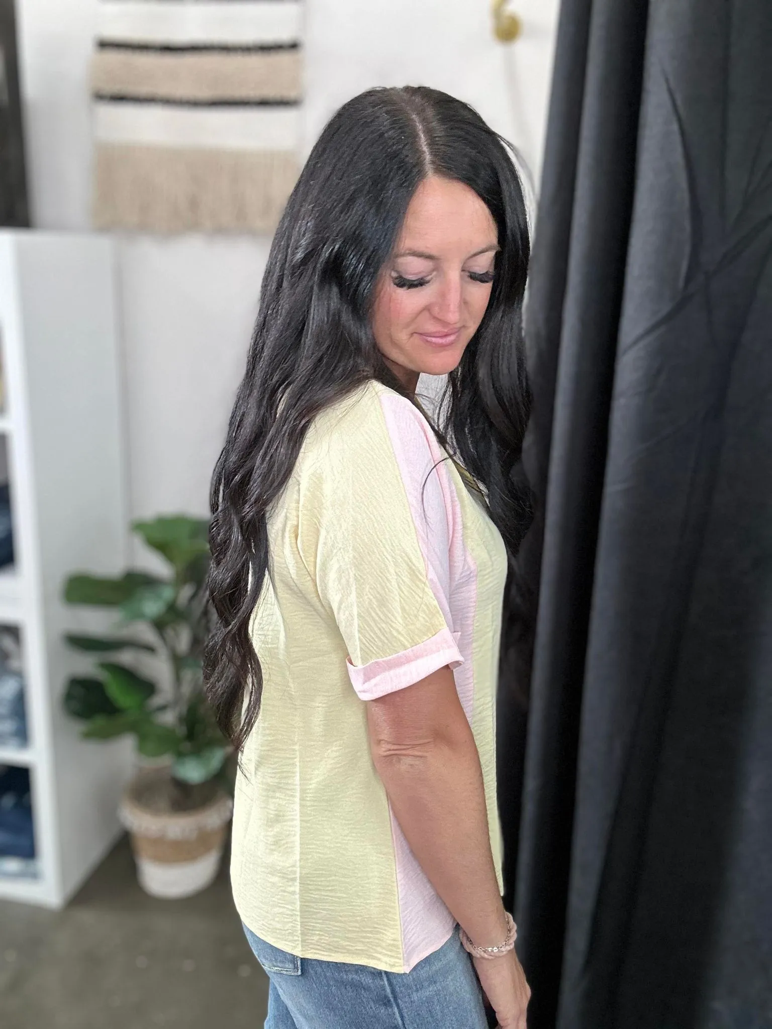 April Crinkled Color Block V Neck Top