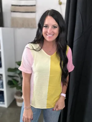 April Crinkled Color Block V Neck Top