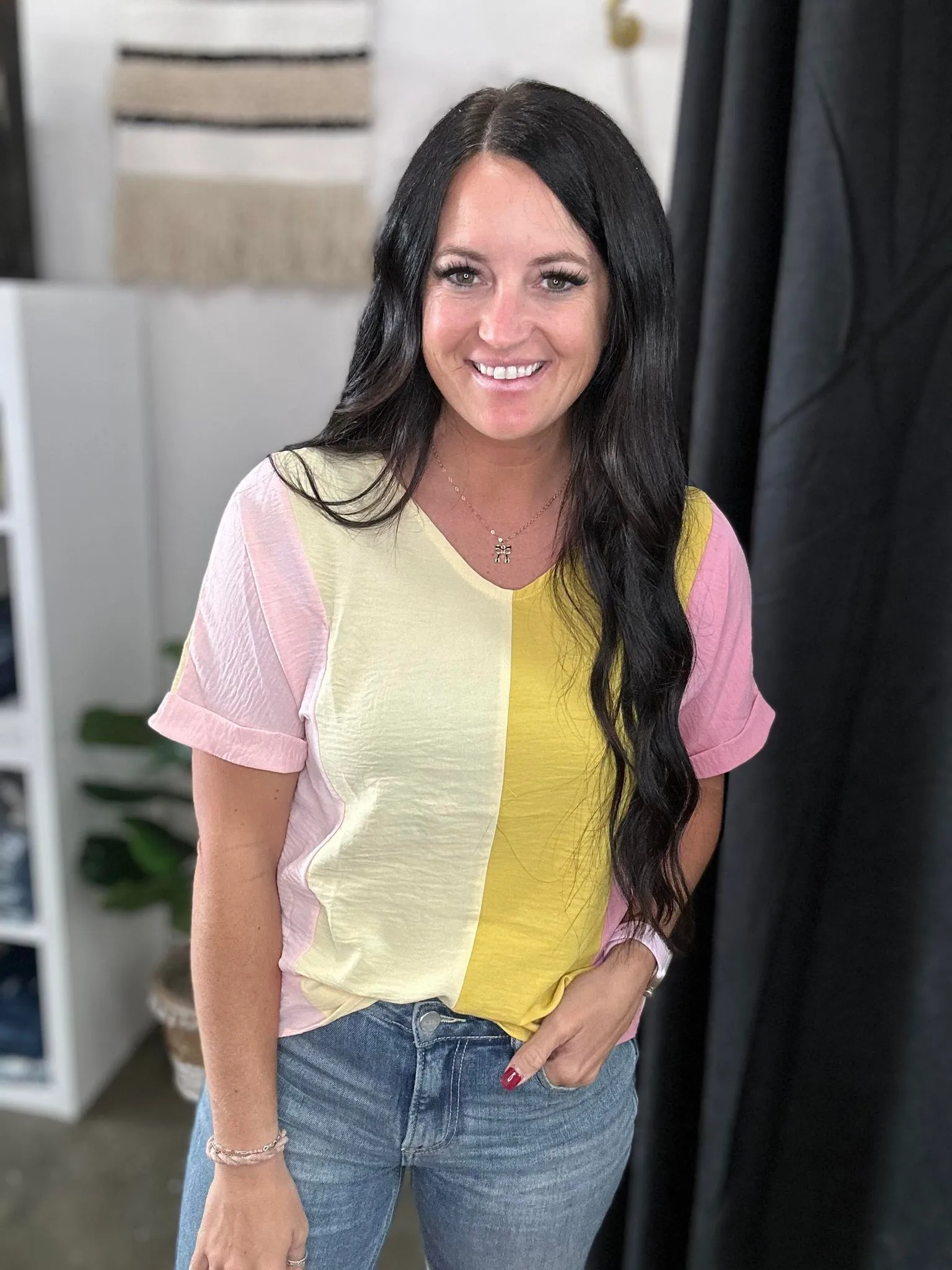 April Crinkled Color Block V Neck Top