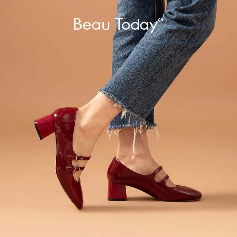 BeauToday Women Patent Leather Square Toe Heeled Mary Janes Pumps with Buckle Straps
