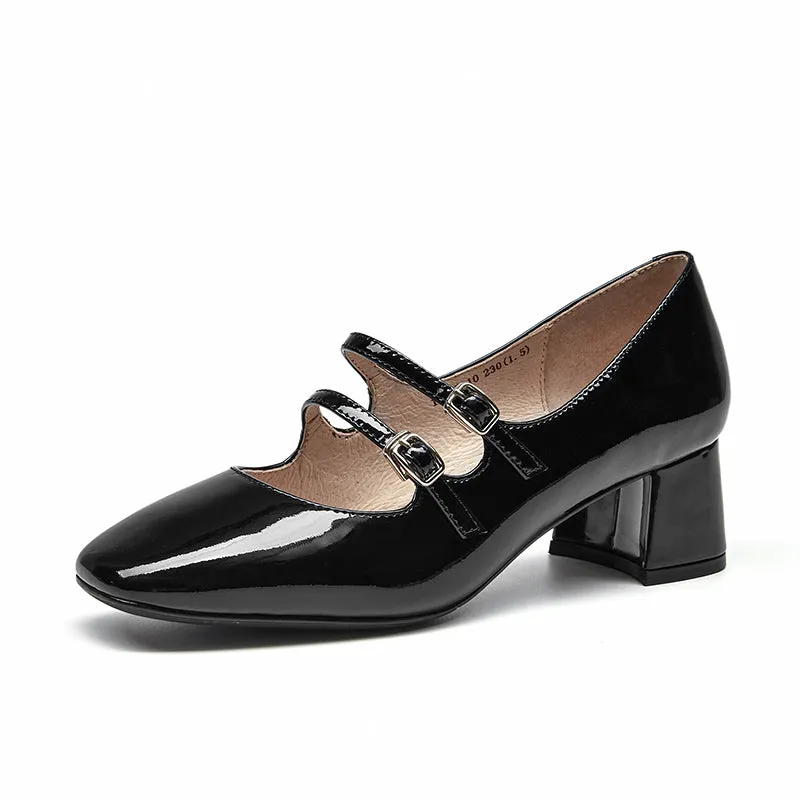 BeauToday Women Patent Leather Square Toe Heeled Mary Janes Pumps with Buckle Straps
