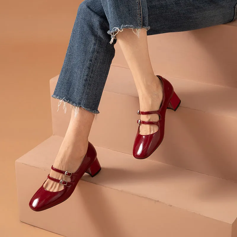 BeauToday Women Patent Leather Square Toe Heeled Mary Janes Pumps with Buckle Straps