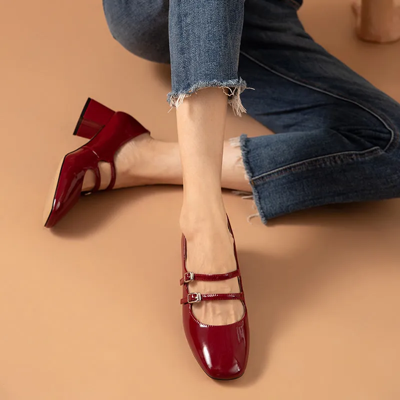 BeauToday Women Patent Leather Square Toe Heeled Mary Janes Pumps with Buckle Straps