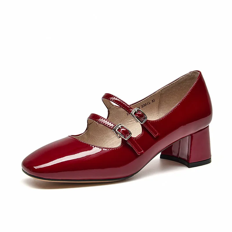 BeauToday Women Patent Leather Square Toe Heeled Mary Janes Pumps with Buckle Straps
