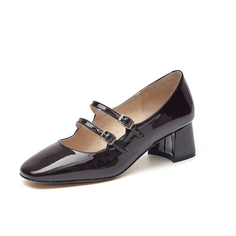 BeauToday Women Patent Leather Square Toe Heeled Mary Janes Pumps with Buckle Straps