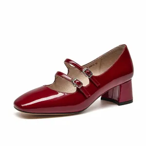 BeauToday Women Patent Leather Square Toe Heeled Mary Janes Pumps with Buckle Straps