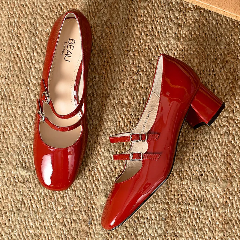 BeauToday Women Patent Leather Square Toe Heeled Mary Janes Pumps with Buckle Straps