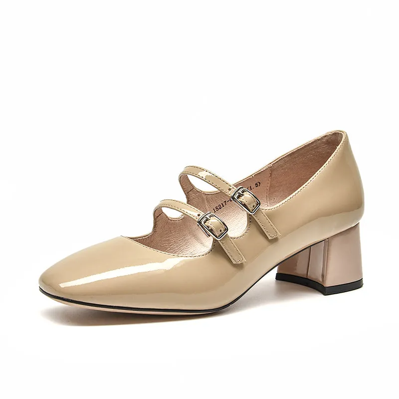 BeauToday Women Patent Leather Square Toe Heeled Mary Janes Pumps with Buckle Straps