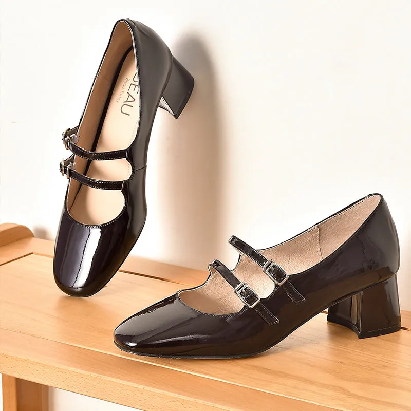 BeauToday Women Patent Leather Square Toe Heeled Mary Janes Pumps with Buckle Straps