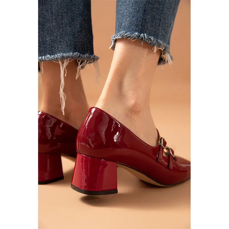 BeauToday Women Patent Leather Square Toe Heeled Mary Janes Pumps with Buckle Straps