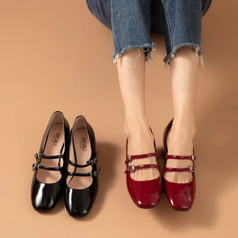 BeauToday Women Patent Leather Square Toe Heeled Mary Janes Pumps with Buckle Straps