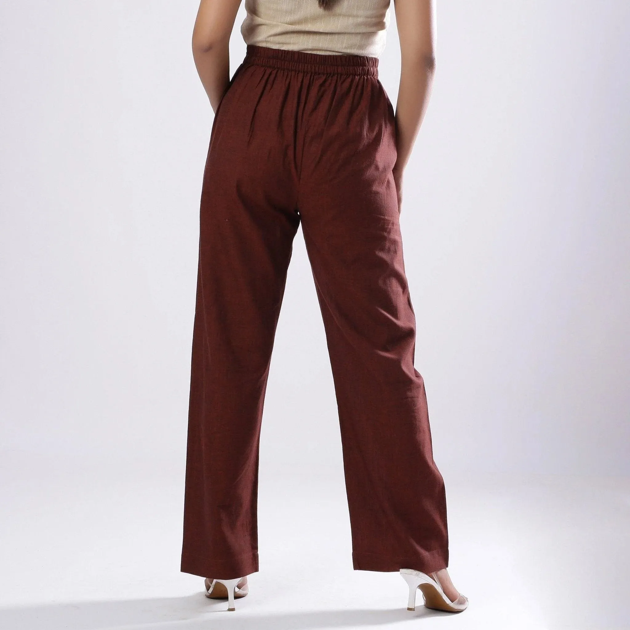 Brown Elasticated Mid-Rise Mangalgiri Cotton Pant