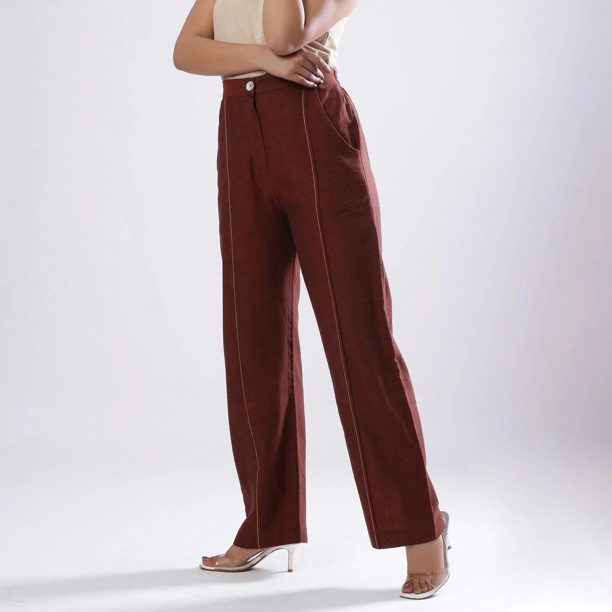 Brown Elasticated Mid-Rise Mangalgiri Cotton Pant
