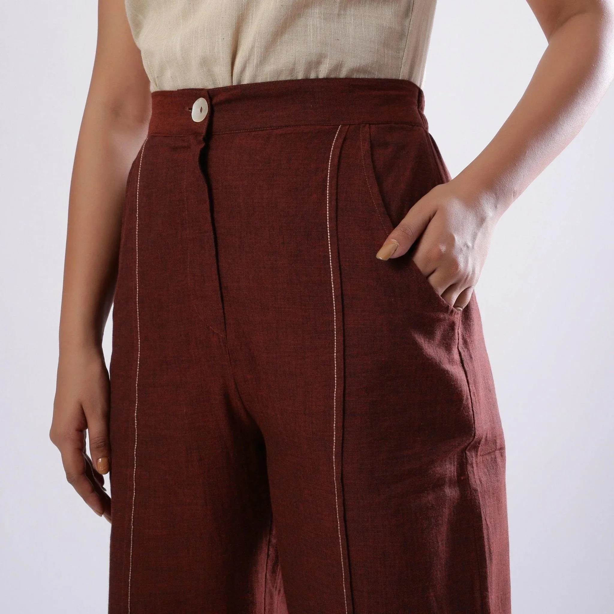 Brown Elasticated Mid-Rise Mangalgiri Cotton Pant