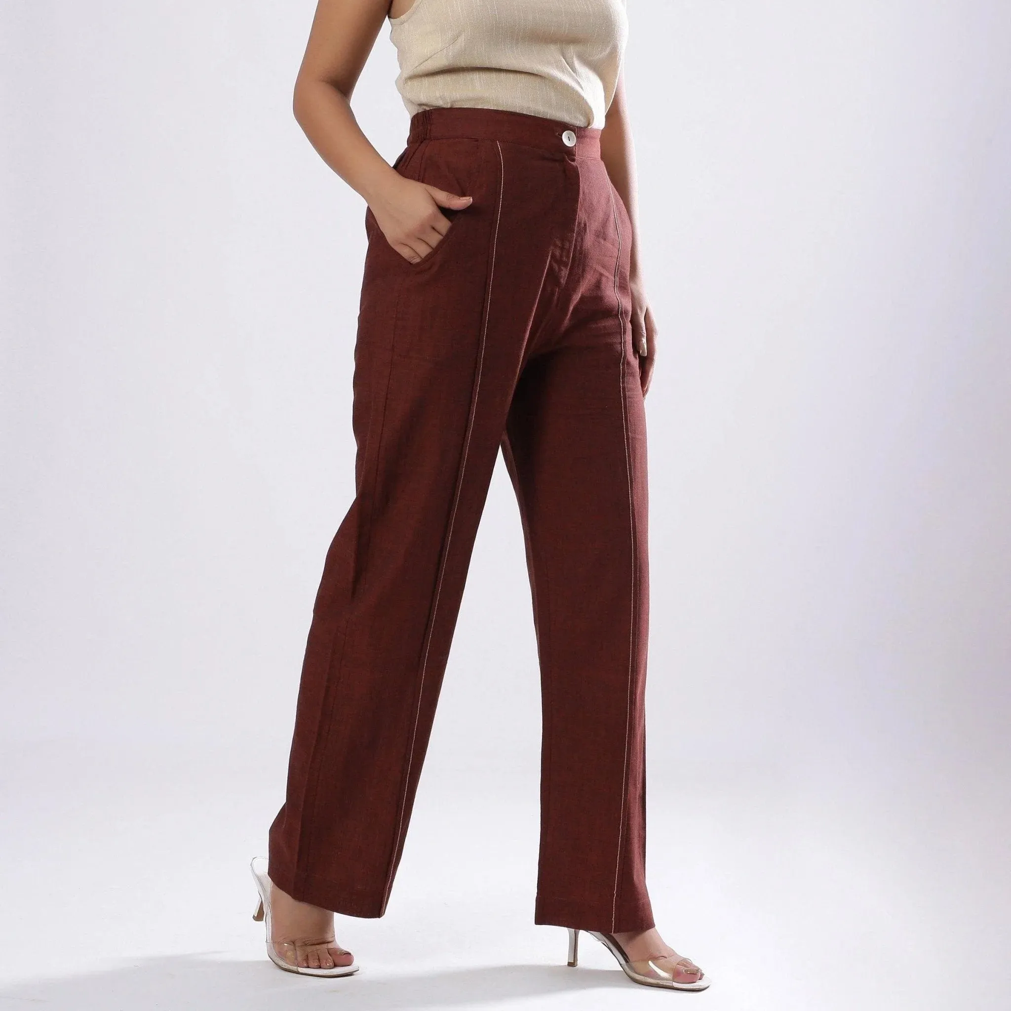 Brown Elasticated Mid-Rise Mangalgiri Cotton Pant