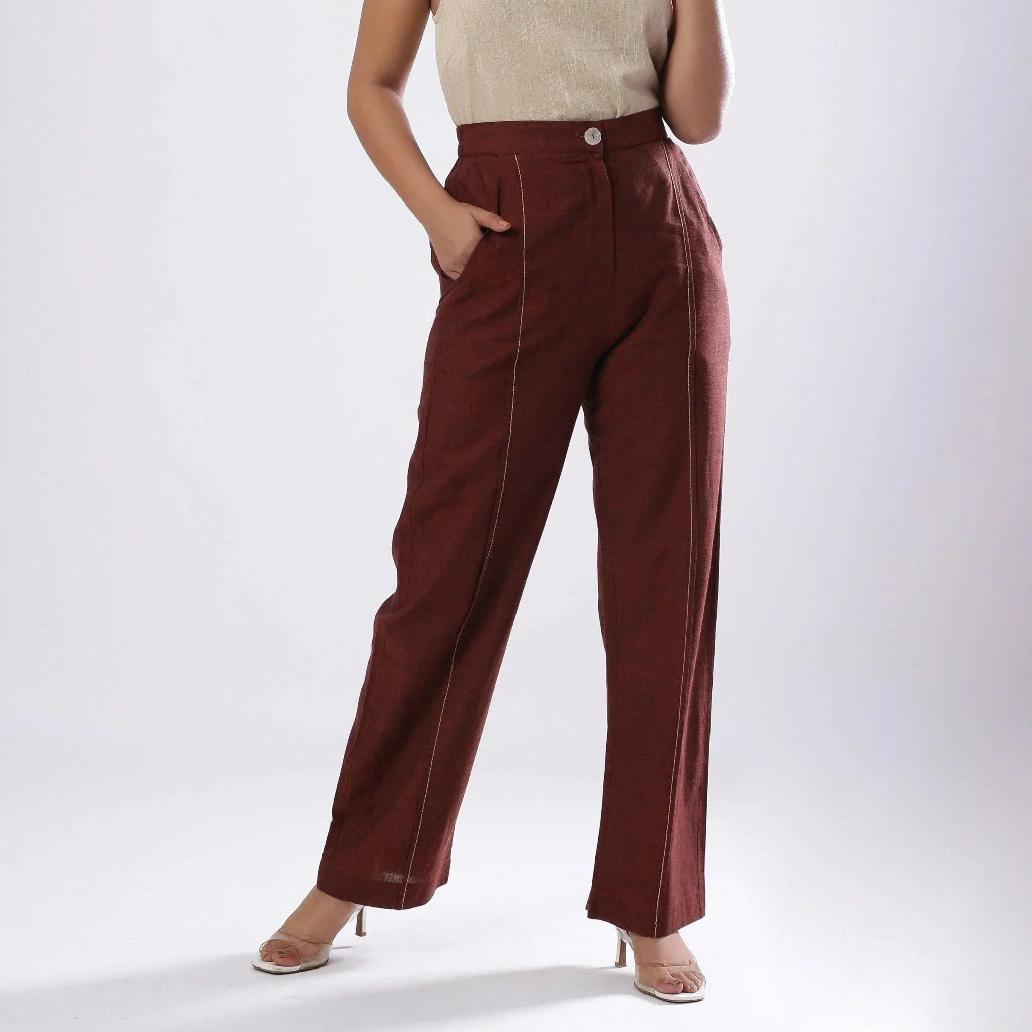 Brown Elasticated Mid-Rise Mangalgiri Cotton Pant