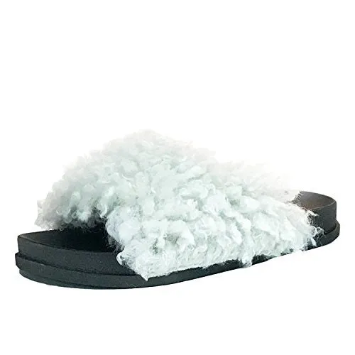 Cape Robbin Moira-34 White Faux Sheep Fur Open Toe Slide Slip On Flat Sandals