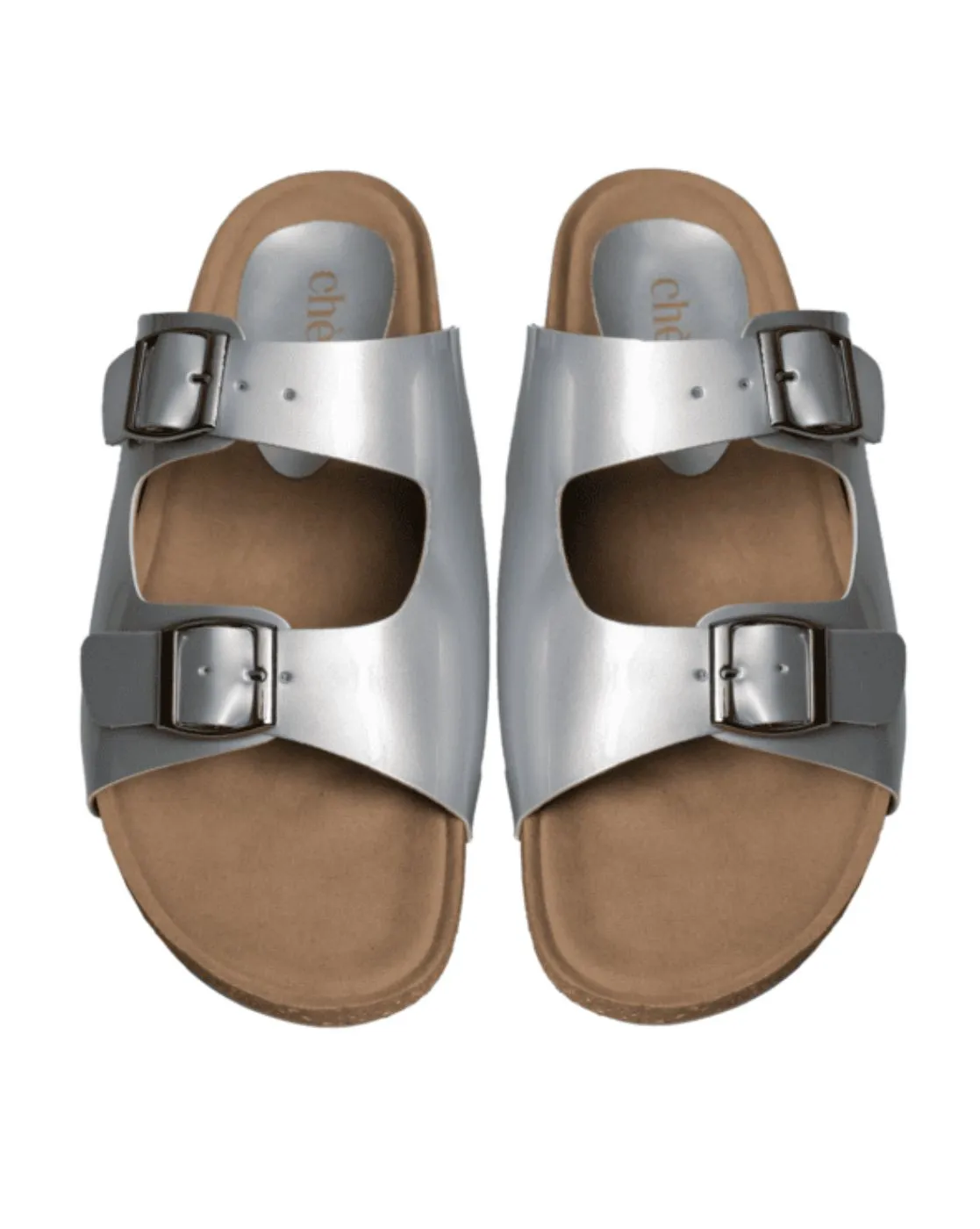 Chere Metallic Luxe Dual-Buckle Slip-On Sandals – Silver