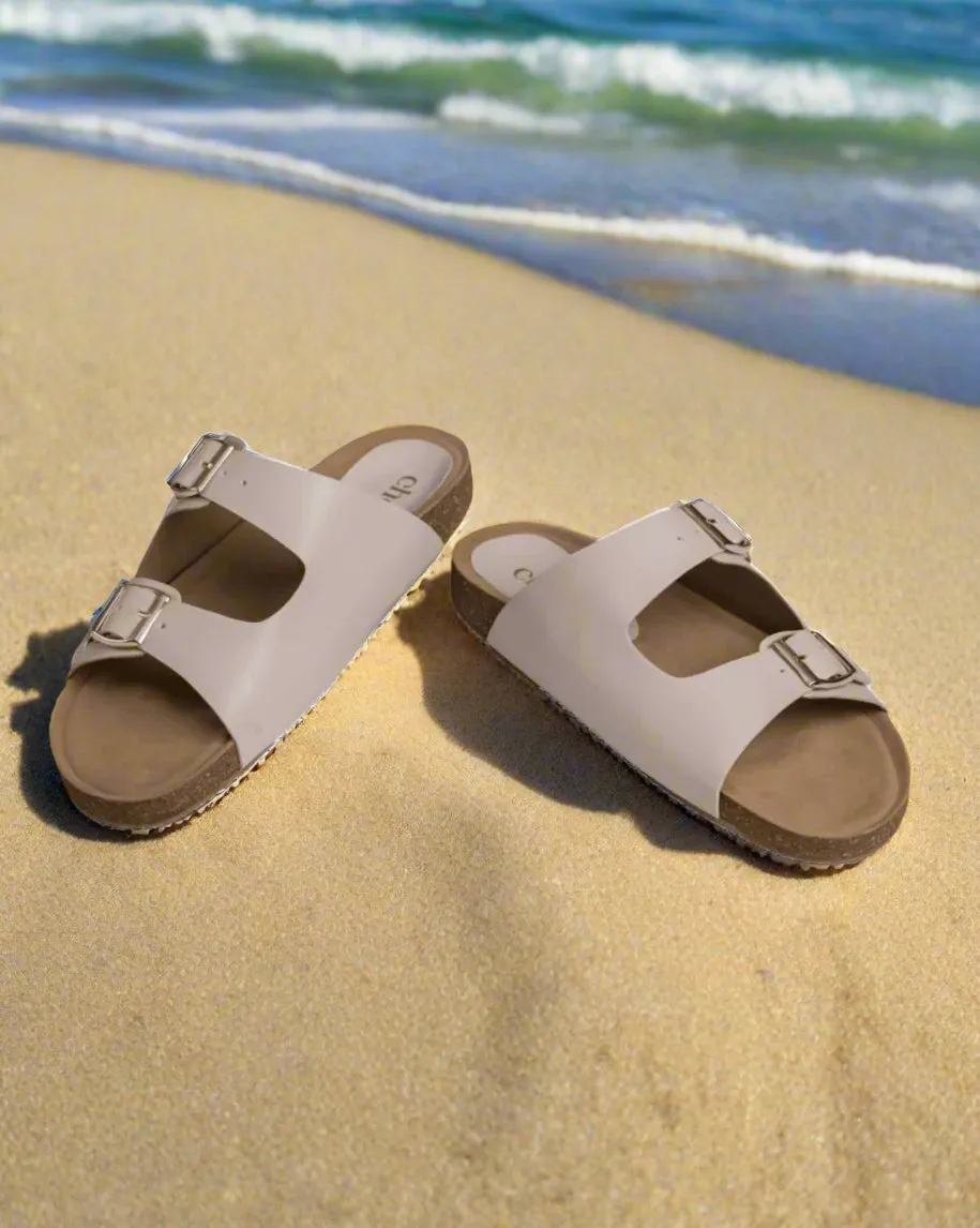 Chere Metallic Luxe Dual-Buckle Slip-On Sandals – Silver