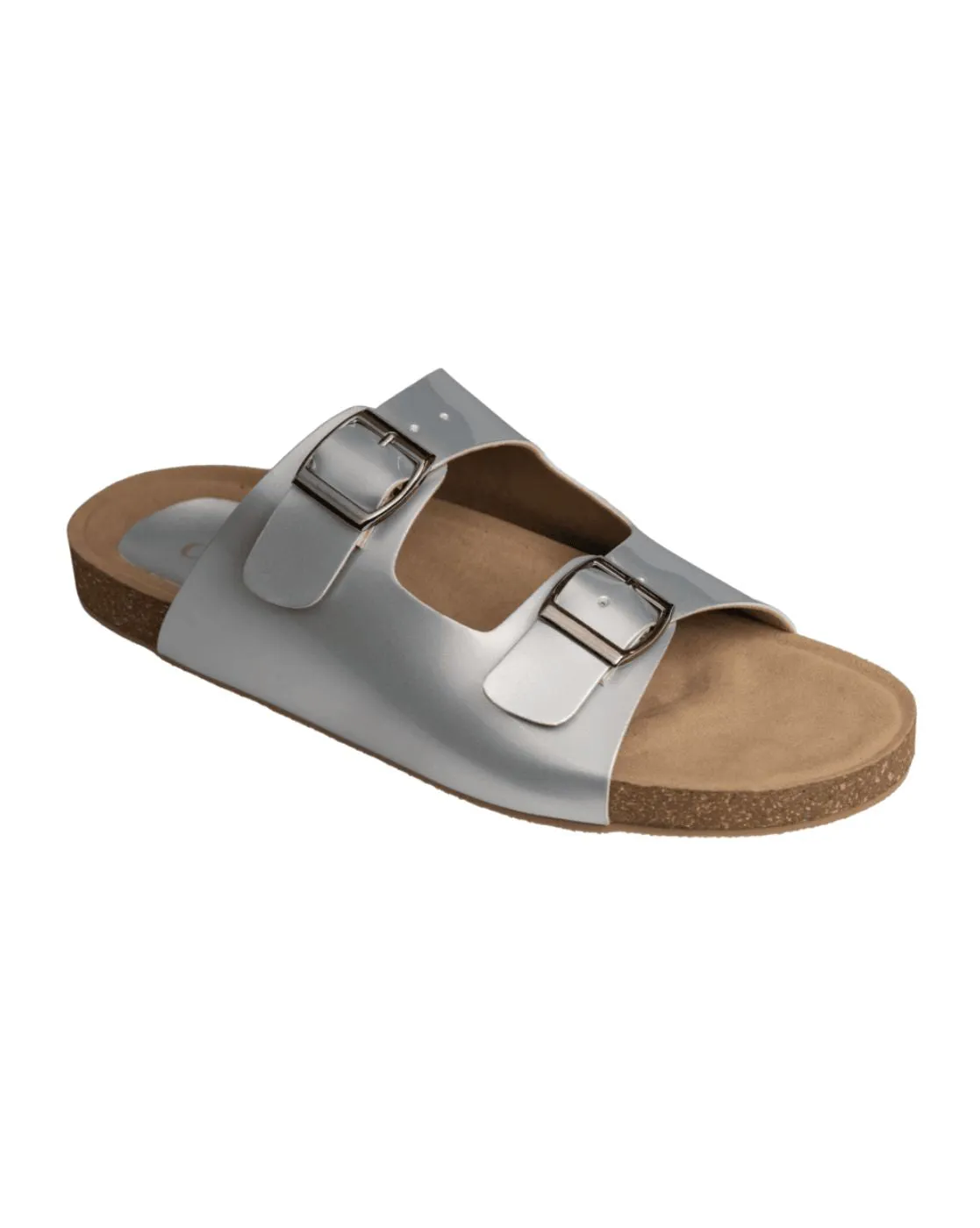 Chere Metallic Luxe Dual-Buckle Slip-On Sandals – Silver