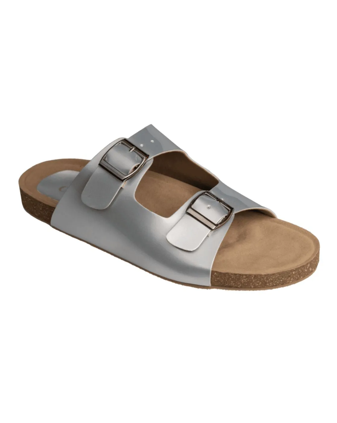 Chere Metallic Luxe Dual-Buckle Slip-On Sandals – Silver