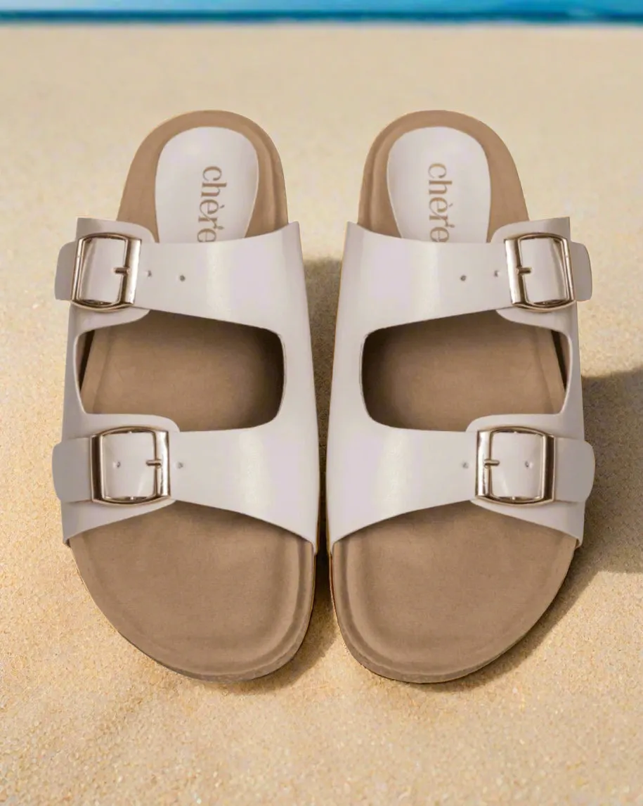 Chere Metallic Luxe Dual-Buckle Slip-On Sandals – Silver