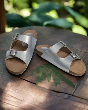 Chere Metallic Luxe Dual-Buckle Slip-On Sandals – Silver