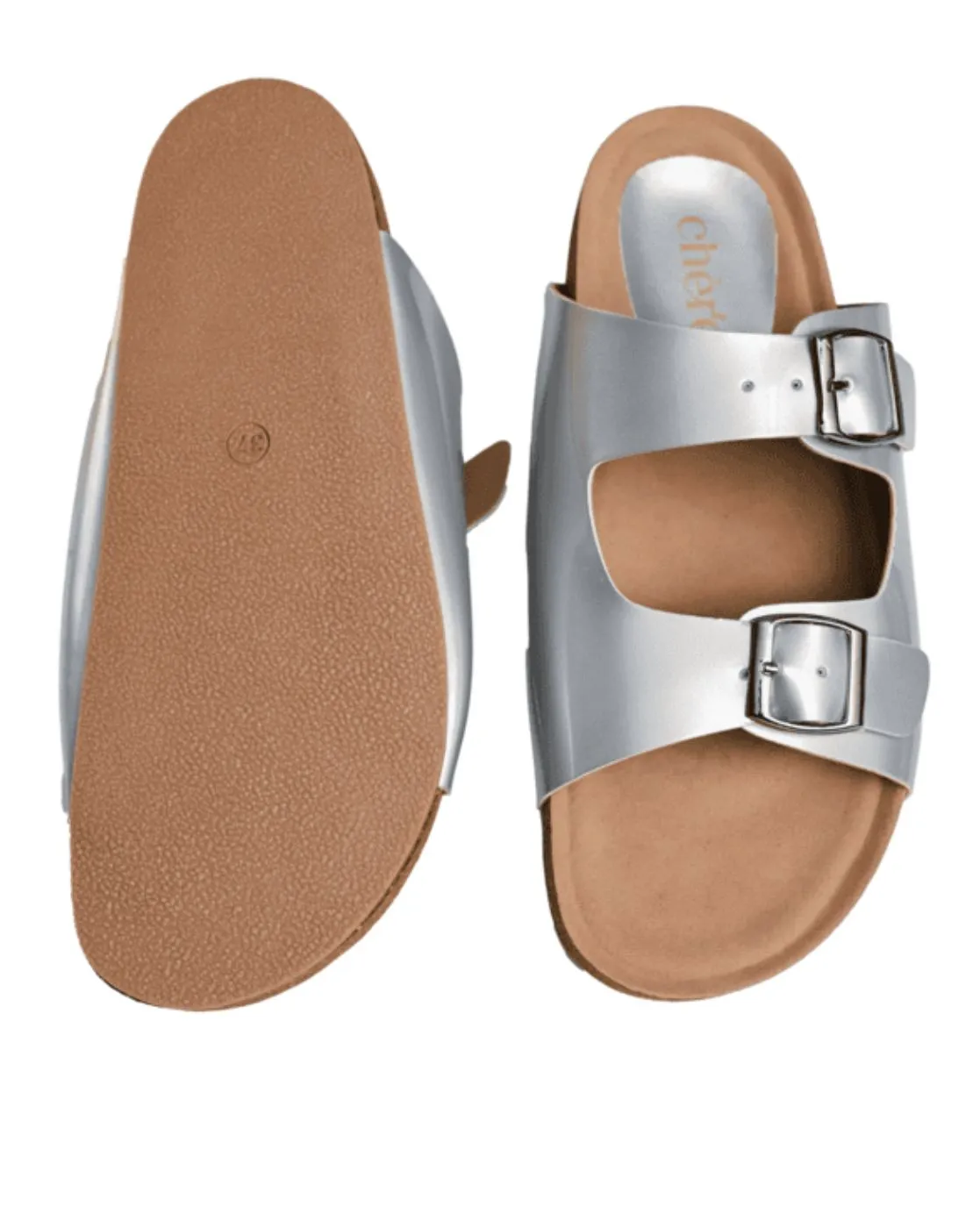 Chere Metallic Luxe Dual-Buckle Slip-On Sandals – Silver