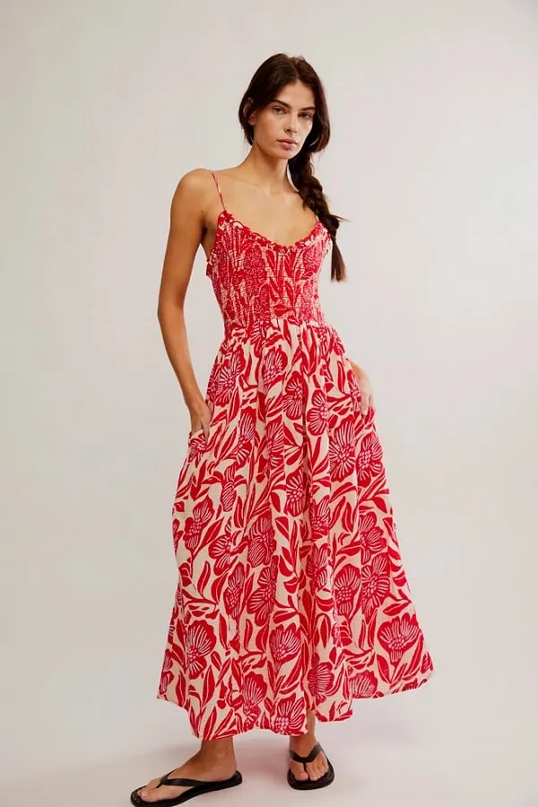 Free People Sweet Nothings Midi Dress in Gardenia Red Combo