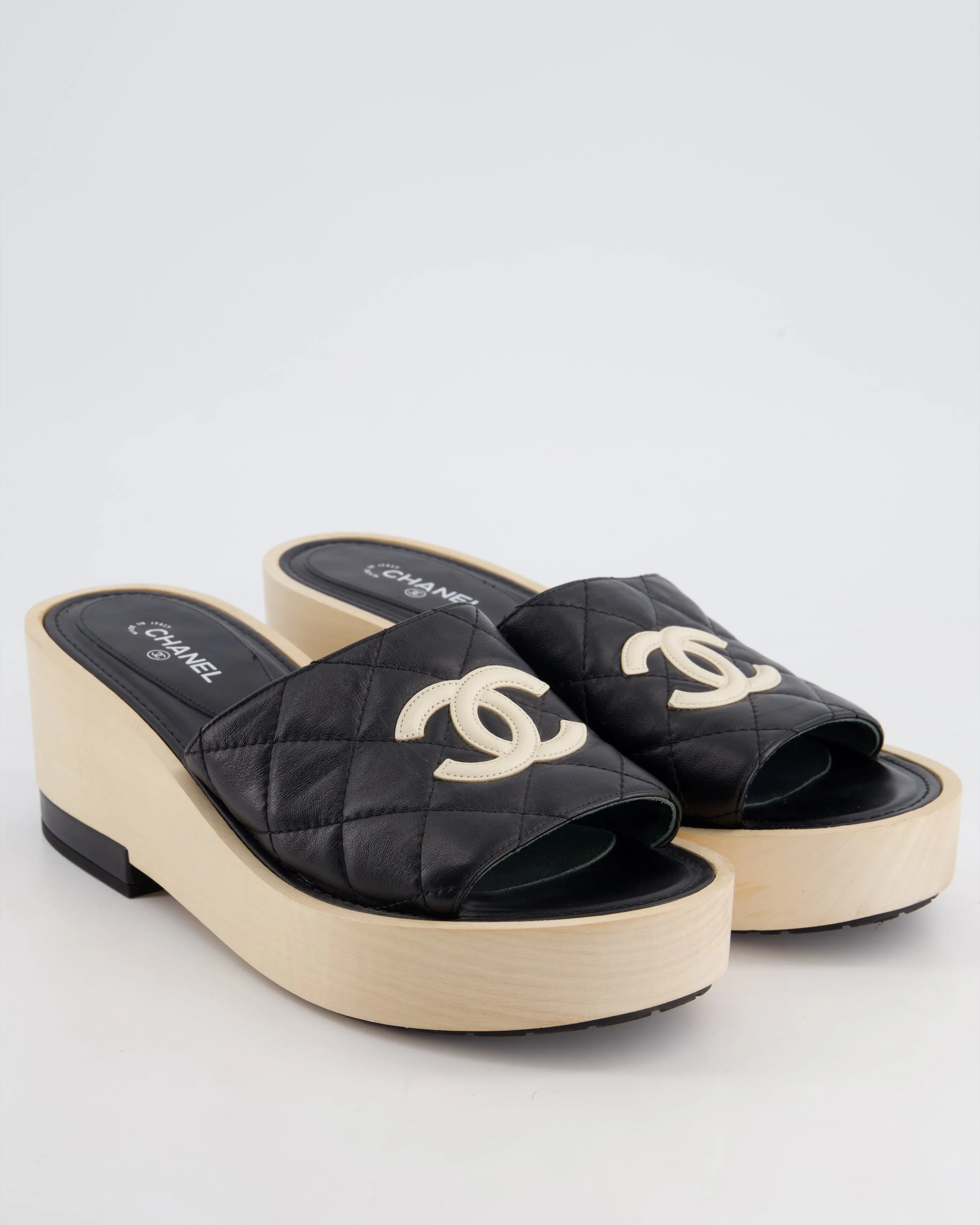 *hot*trendy Inspired  Chanel Black Wooden Mules In Lambskin Leather With Cream Cc Logo Detail Size Eu 40