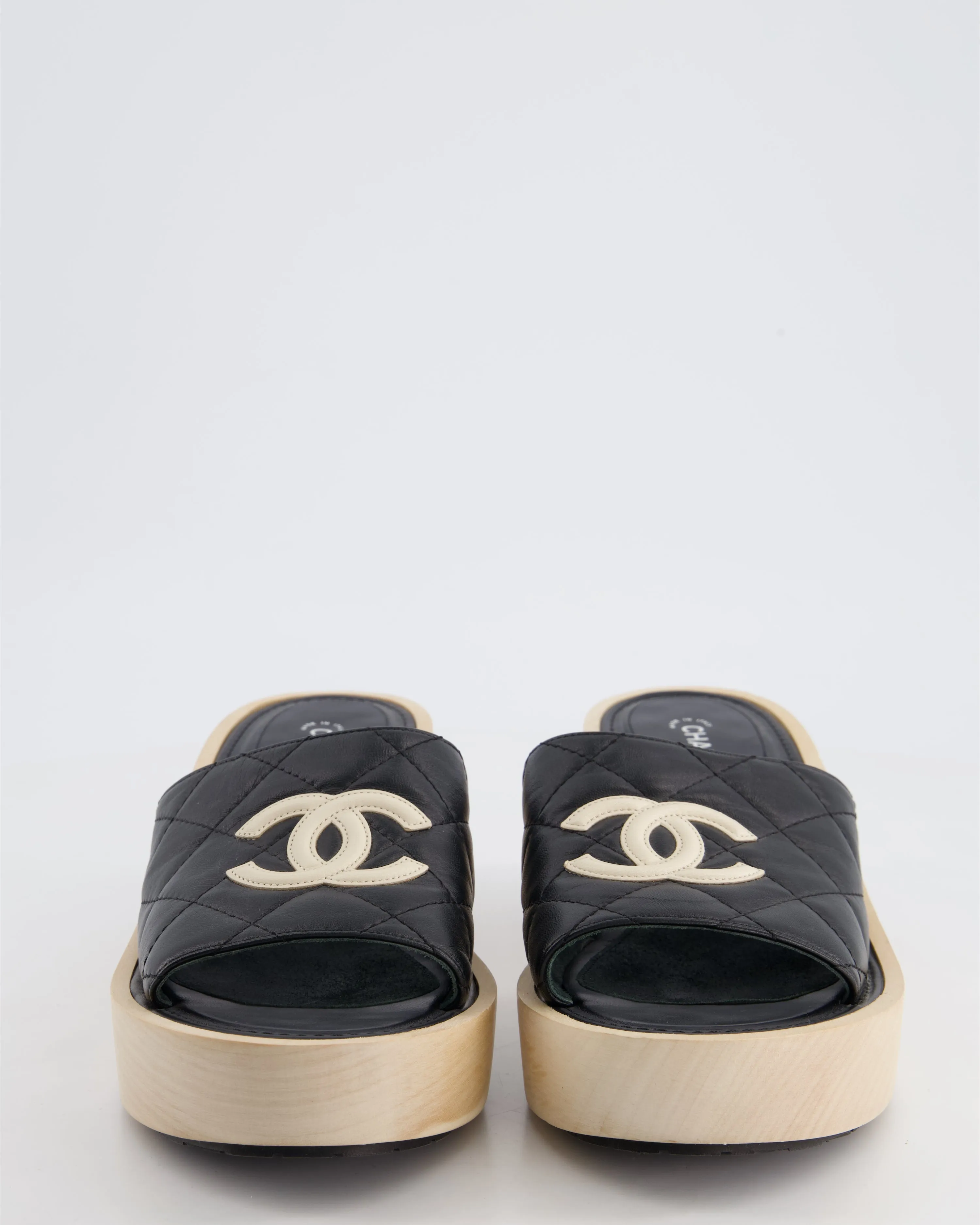 *hot*trendy Inspired  Chanel Black Wooden Mules In Lambskin Leather With Cream Cc Logo Detail Size Eu 40