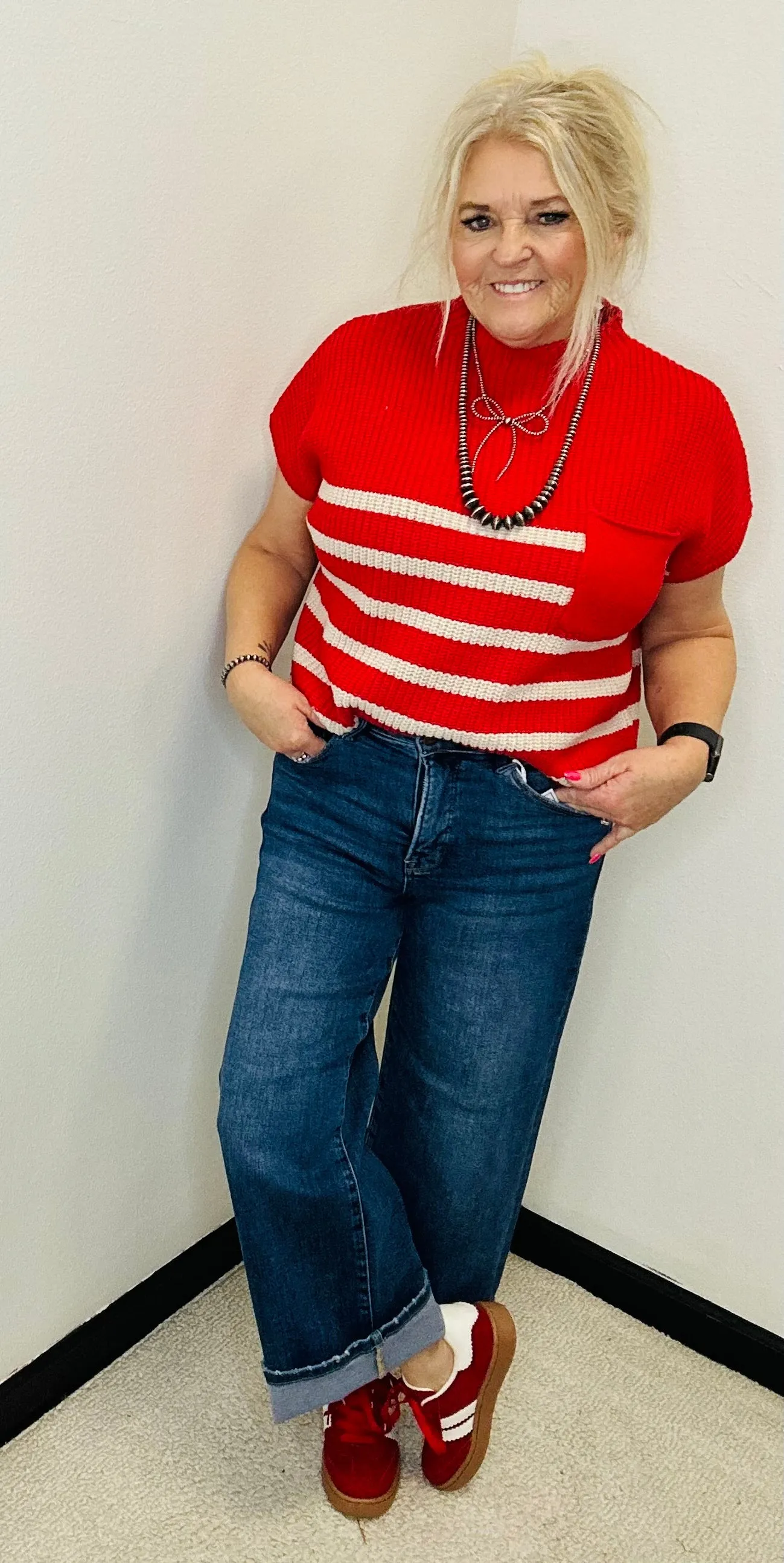 Jami Short Sleeve Red Striped Sweater