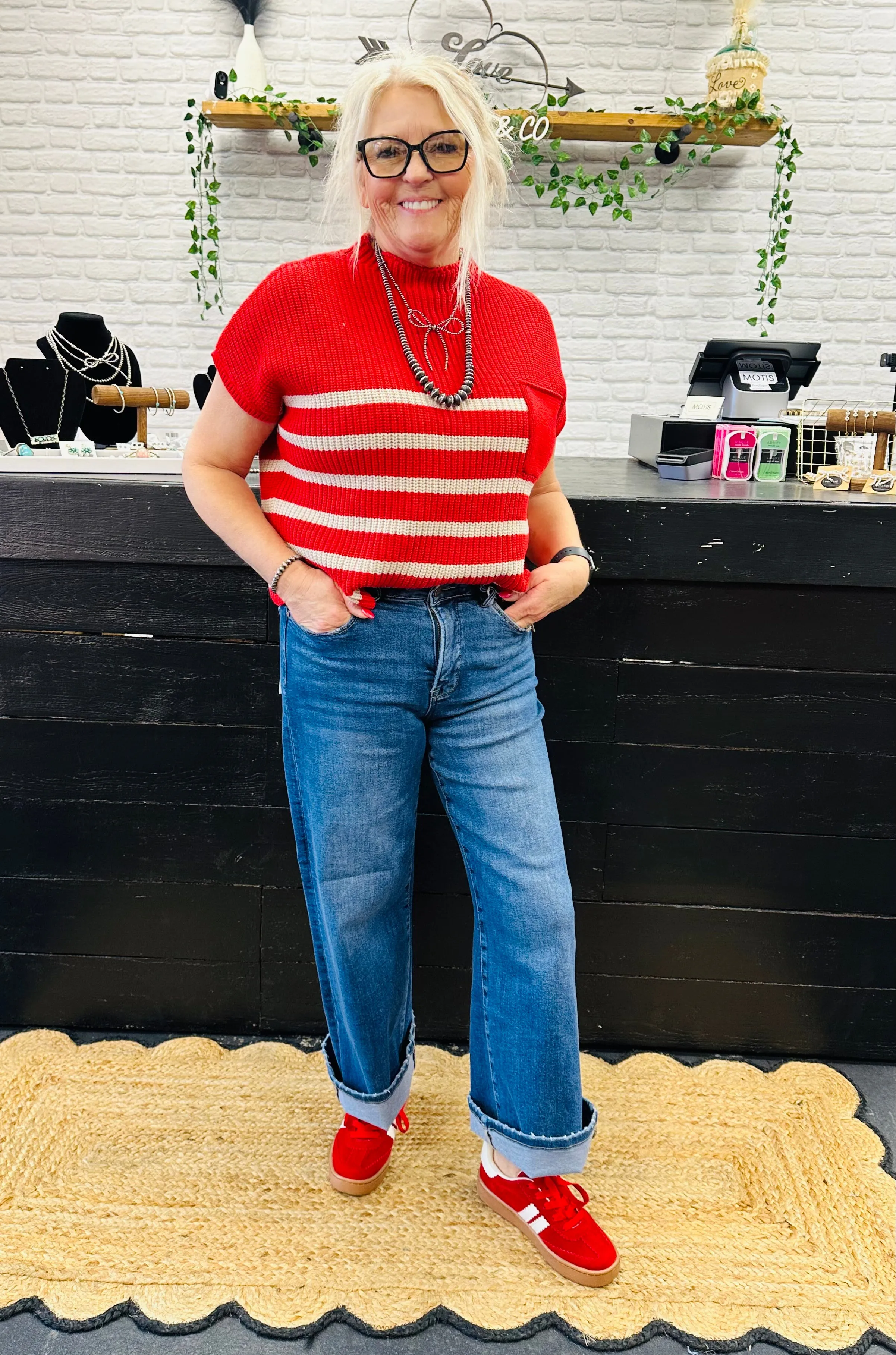 Jami Short Sleeve Red Striped Sweater