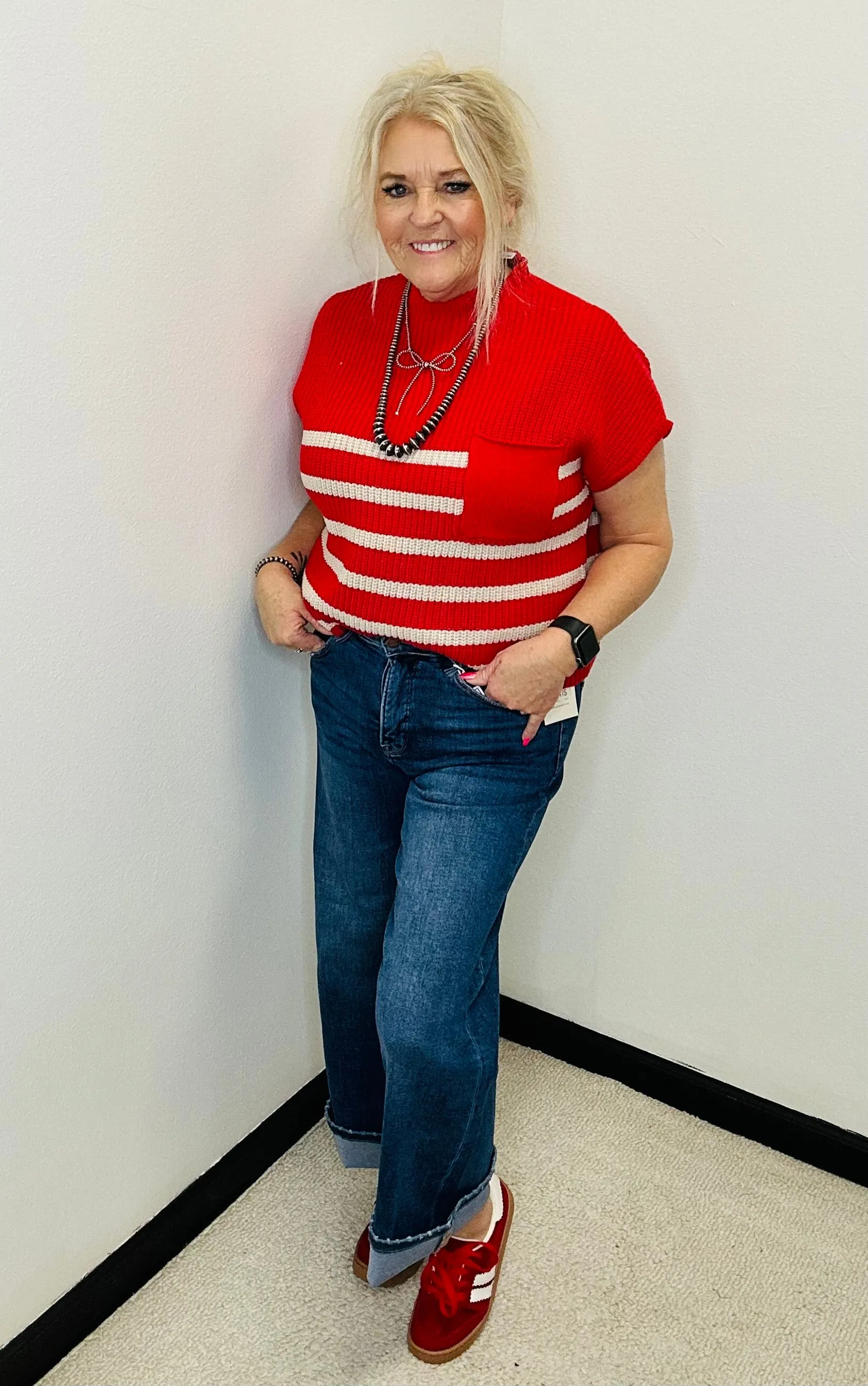 Jami Short Sleeve Red Striped Sweater