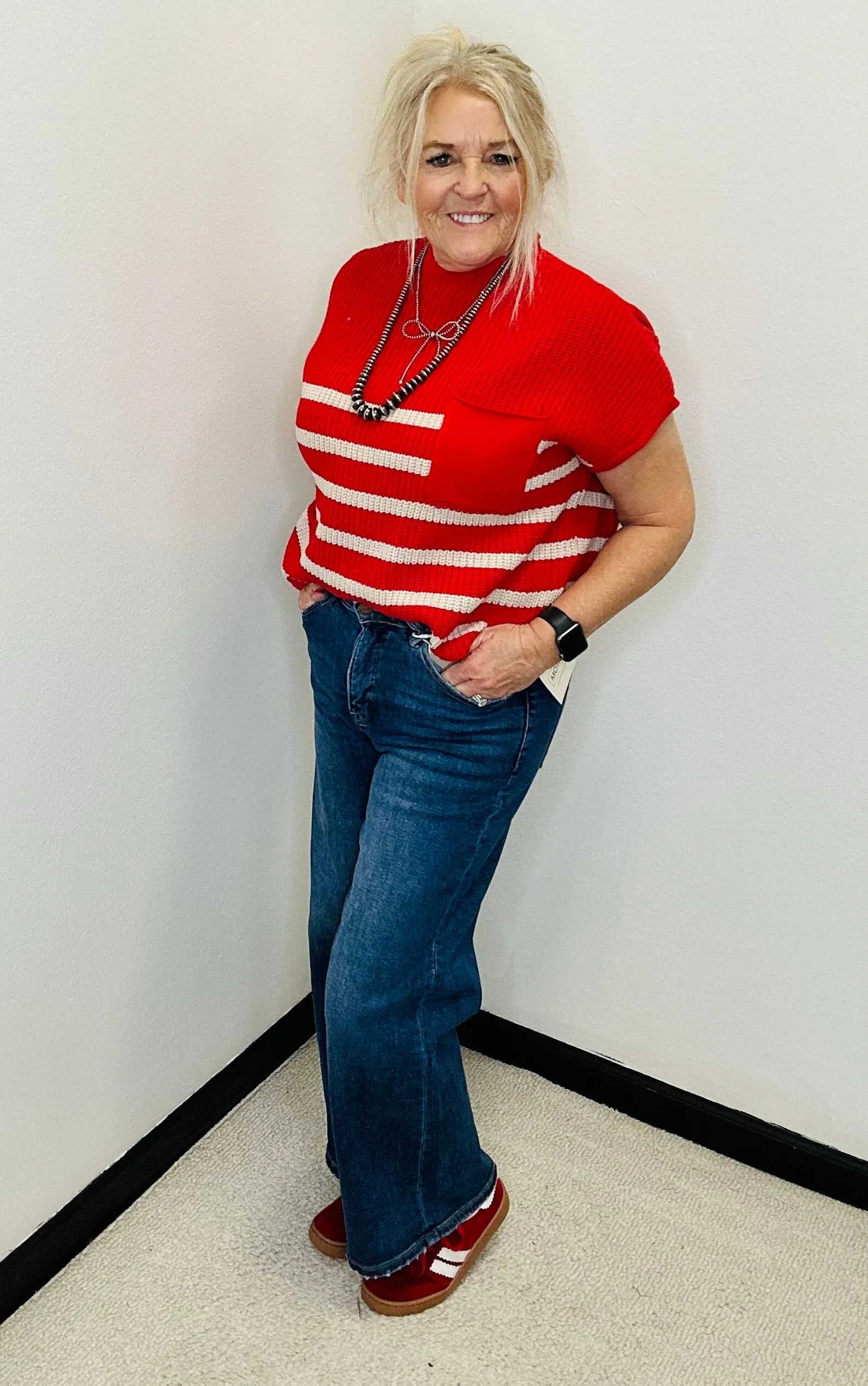 Jami Short Sleeve Red Striped Sweater