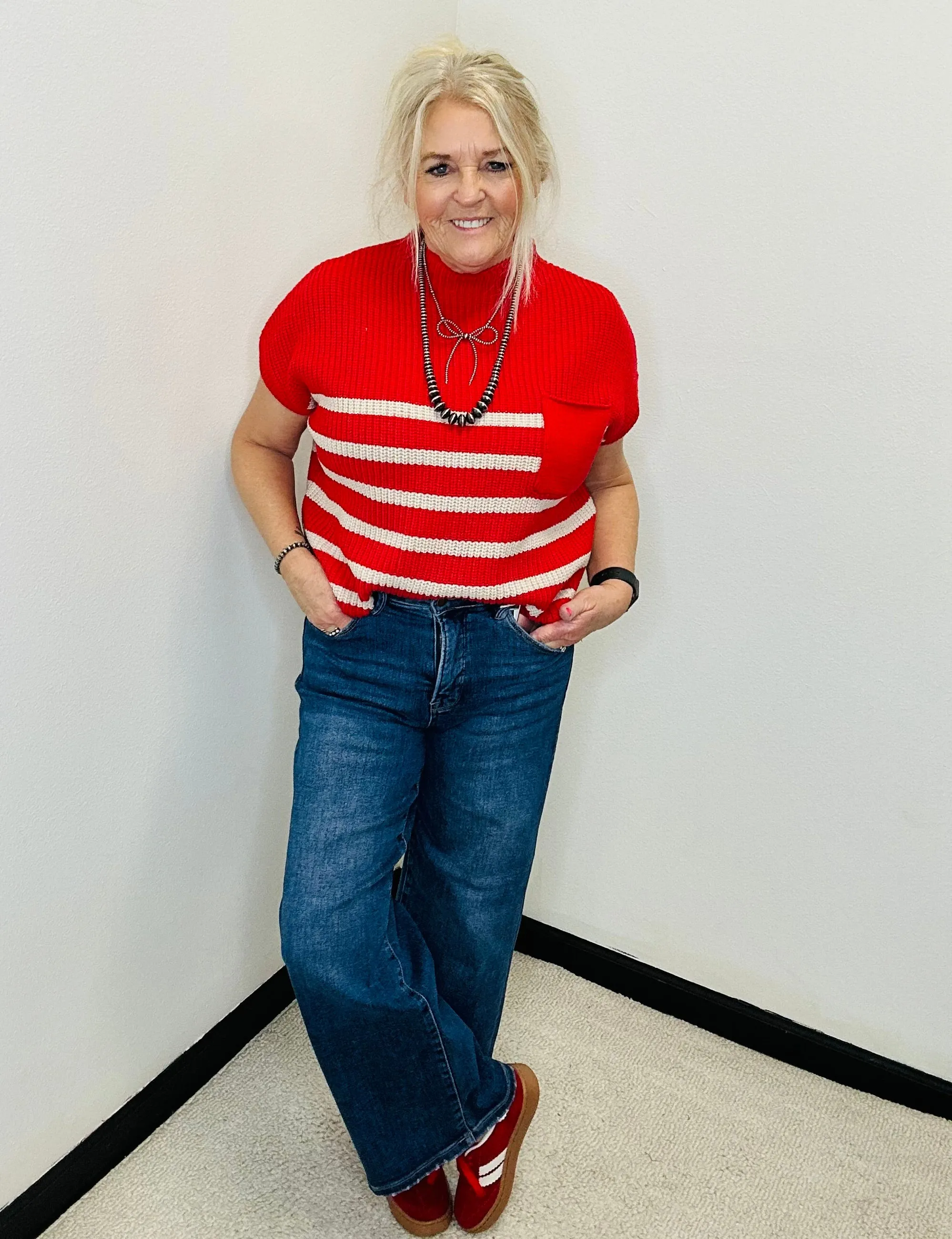 Jami Short Sleeve Red Striped Sweater