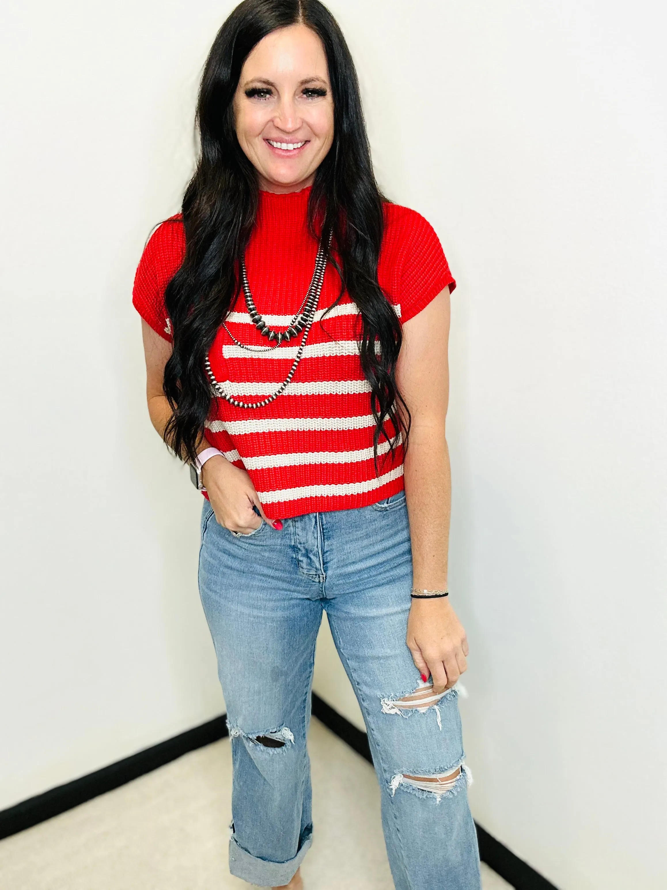 Jami Short Sleeve Red Striped Sweater