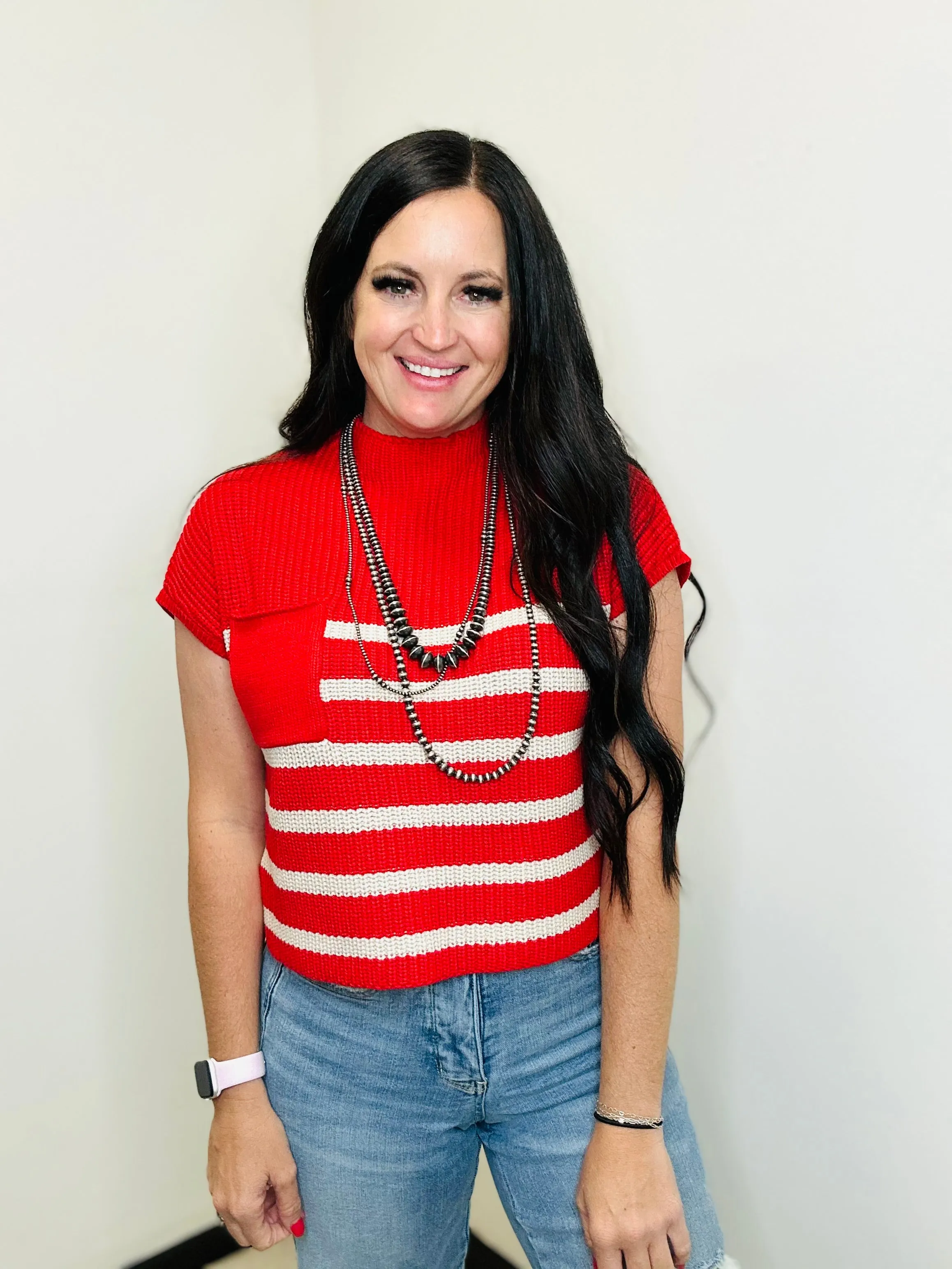 Jami Short Sleeve Red Striped Sweater