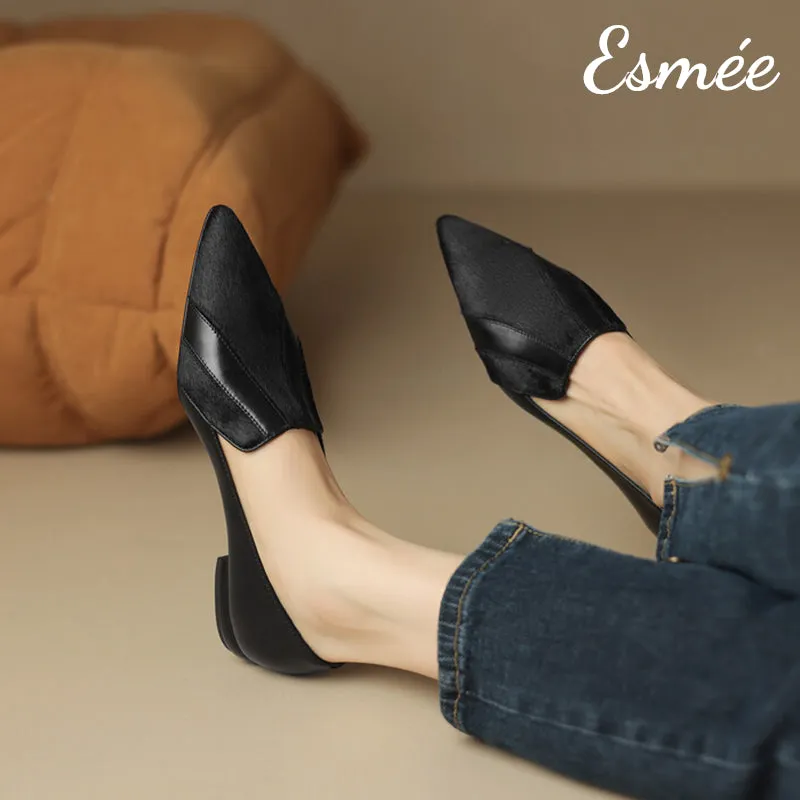 Leather Pointy Toe Loafers with Horsehair Design
