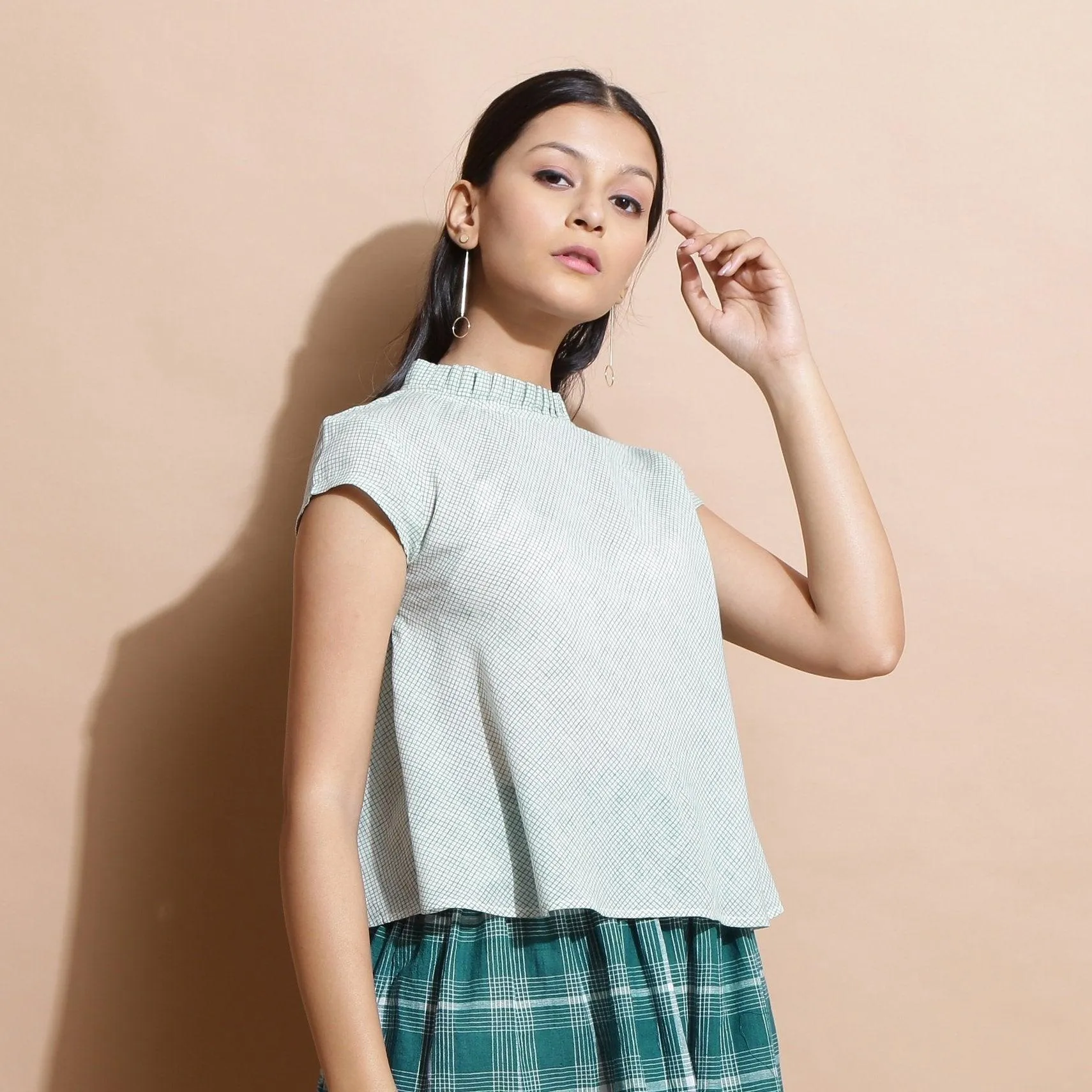 Light Green Cotton Muslin Ruffled Collar Flared Top