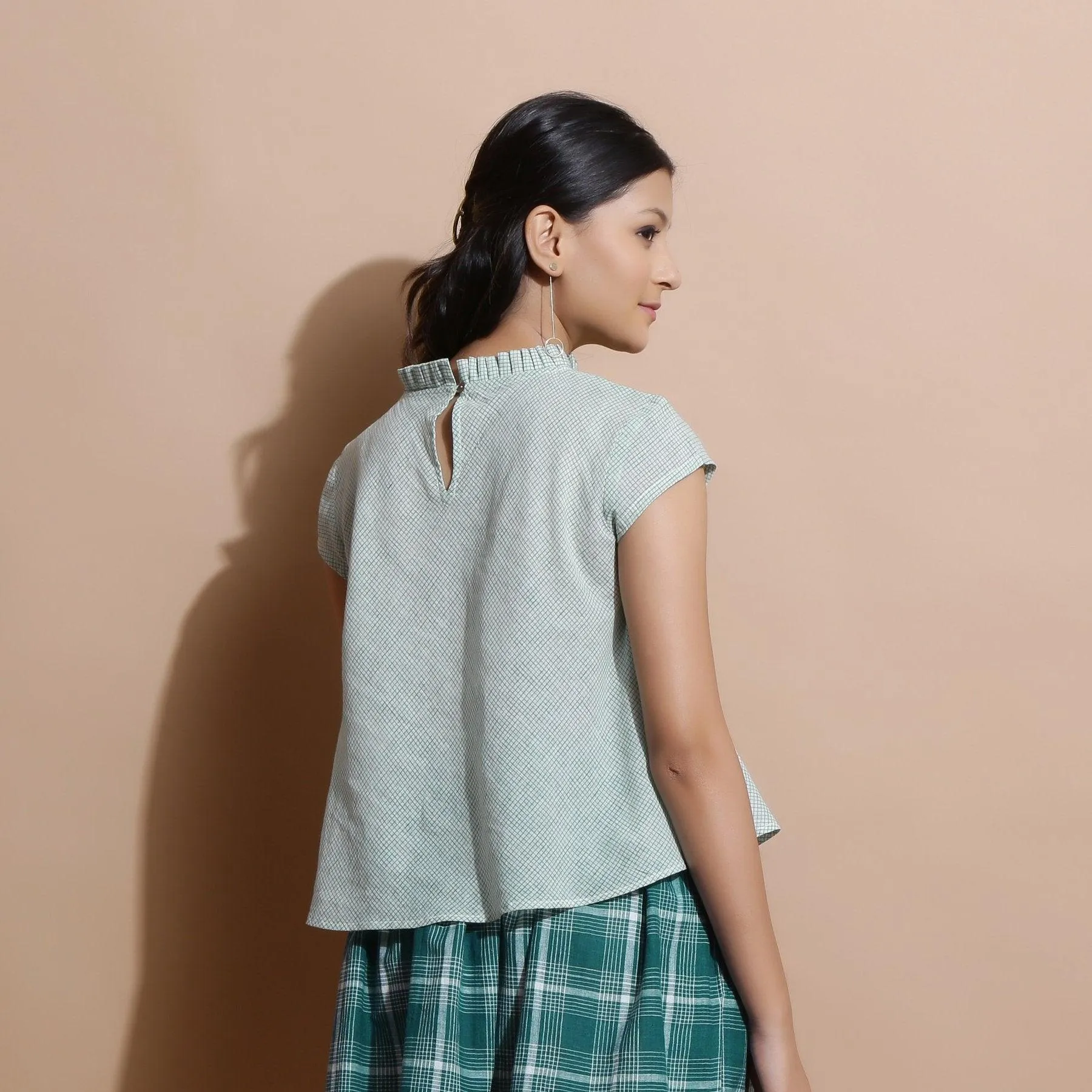Light Green Cotton Muslin Ruffled Collar Flared Top
