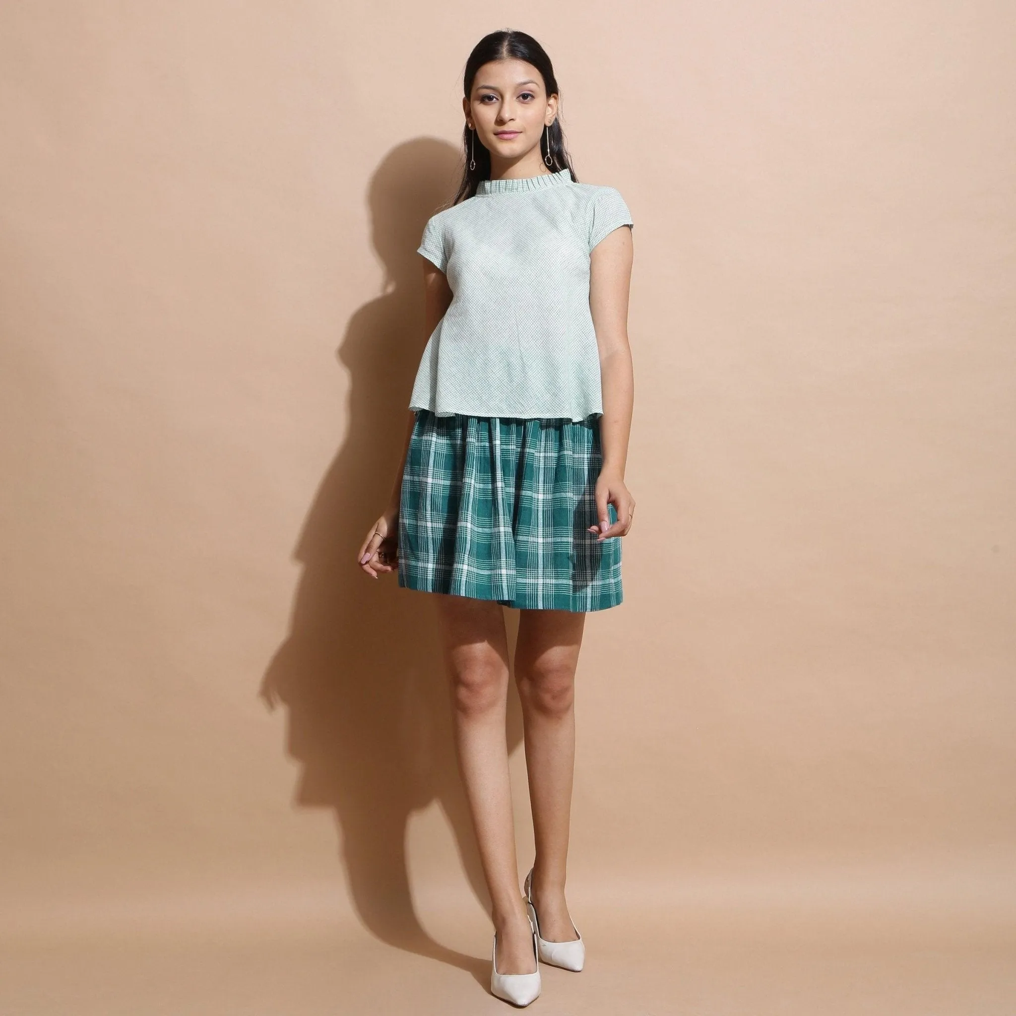 Light Green Cotton Muslin Ruffled Collar Flared Top