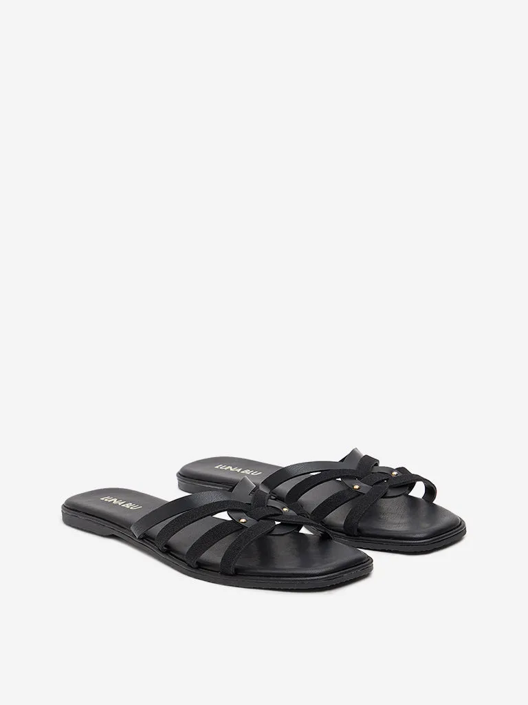LUNA BLU Black Multi-Strap Suede Slip-On Sandals