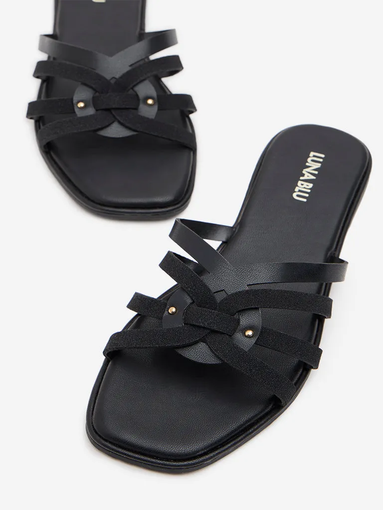 LUNA BLU Black Multi-Strap Suede Slip-On Sandals