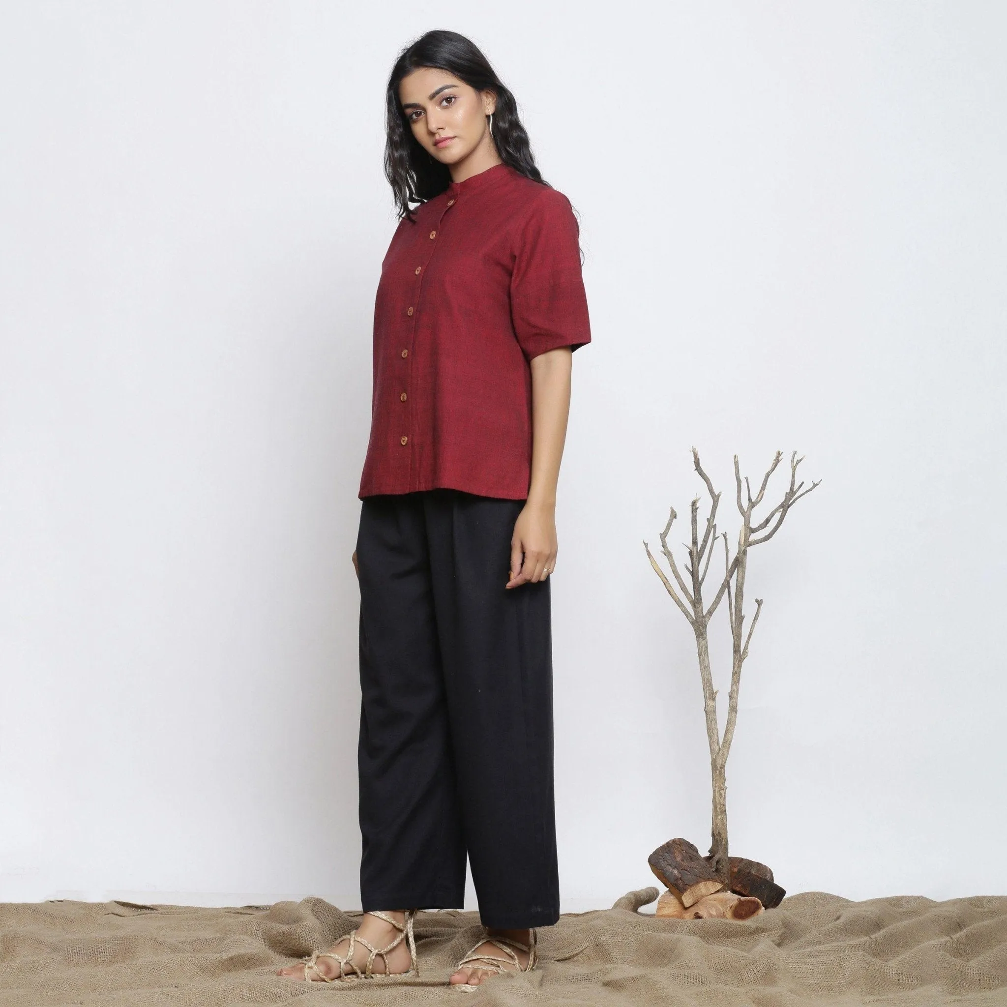 Maroon Handspun Cotton Stand Collar Button-Down Top