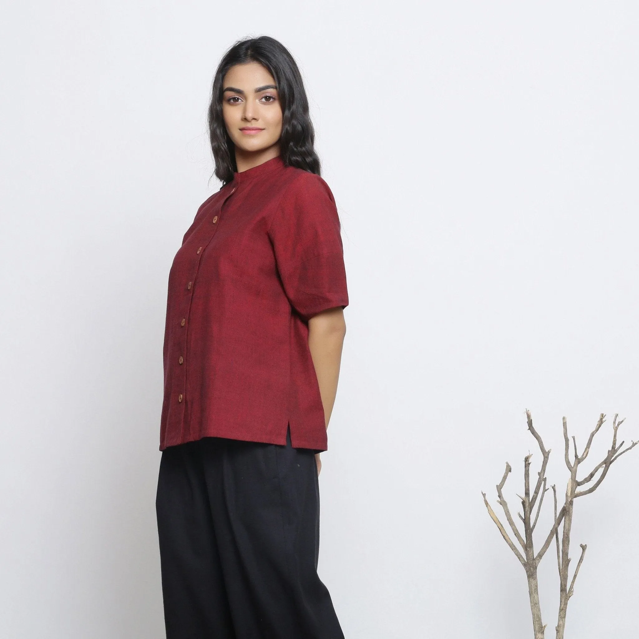 Maroon Handspun Cotton Stand Collar Button-Down Top