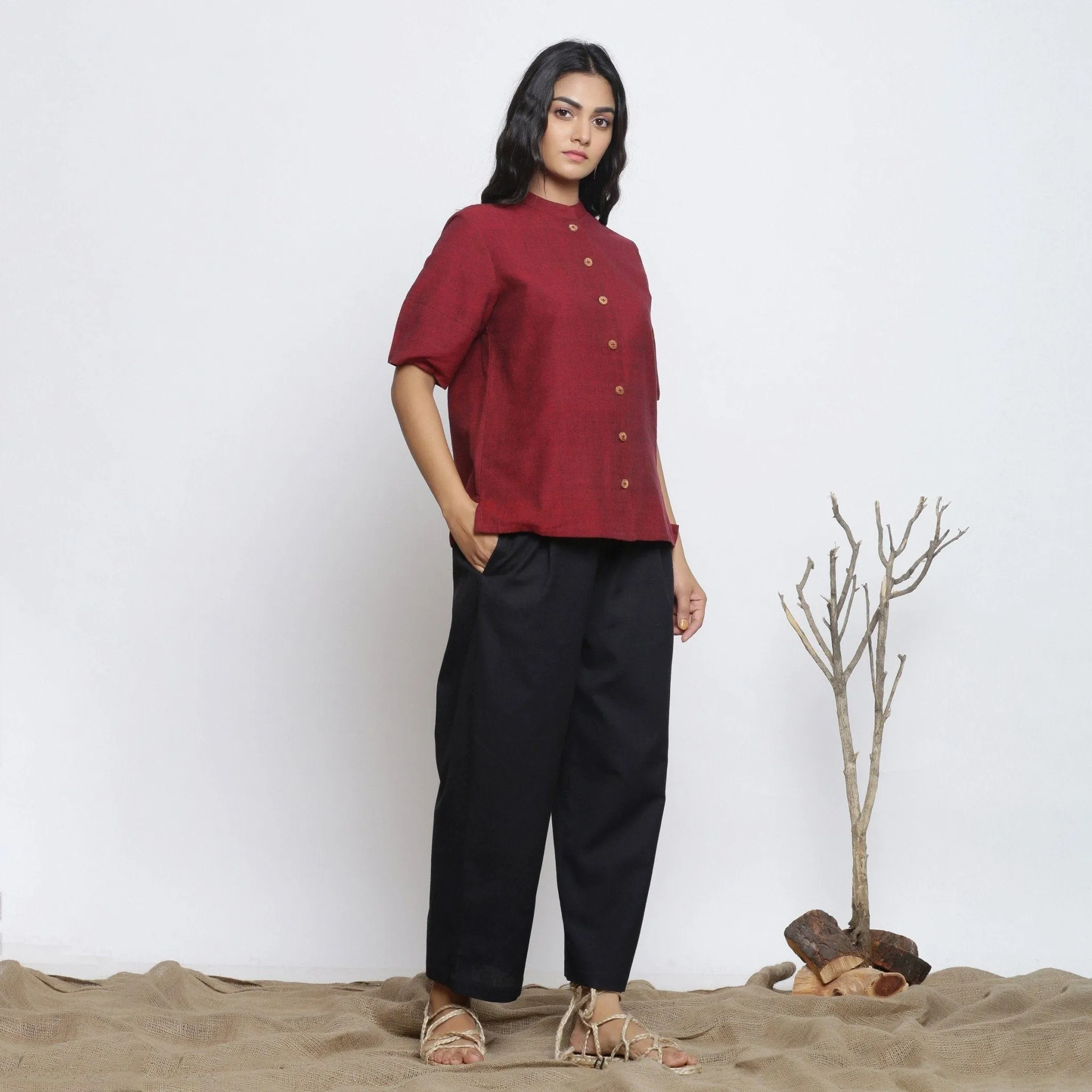 Maroon Handspun Cotton Stand Collar Button-Down Top