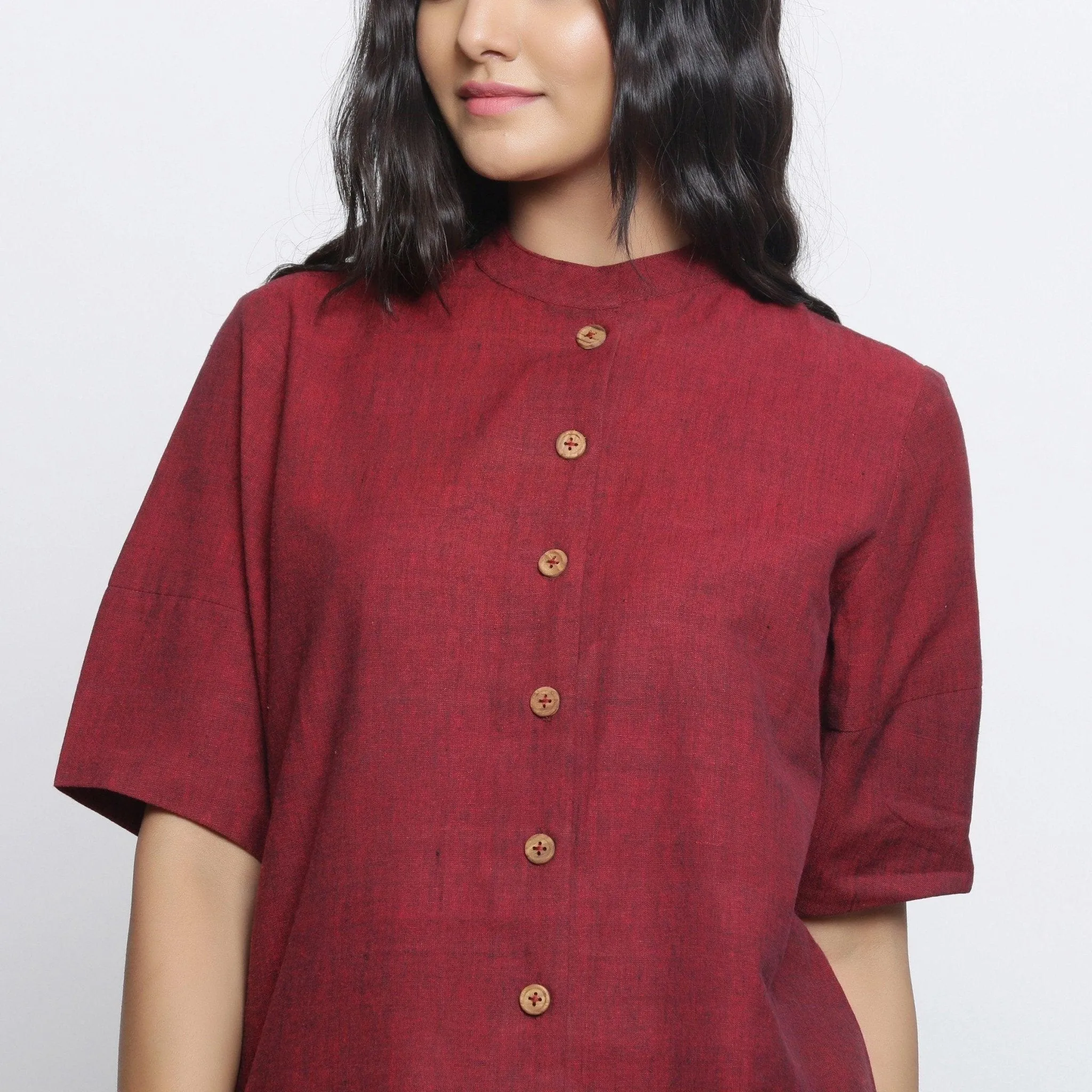 Maroon Handspun Cotton Stand Collar Button-Down Top