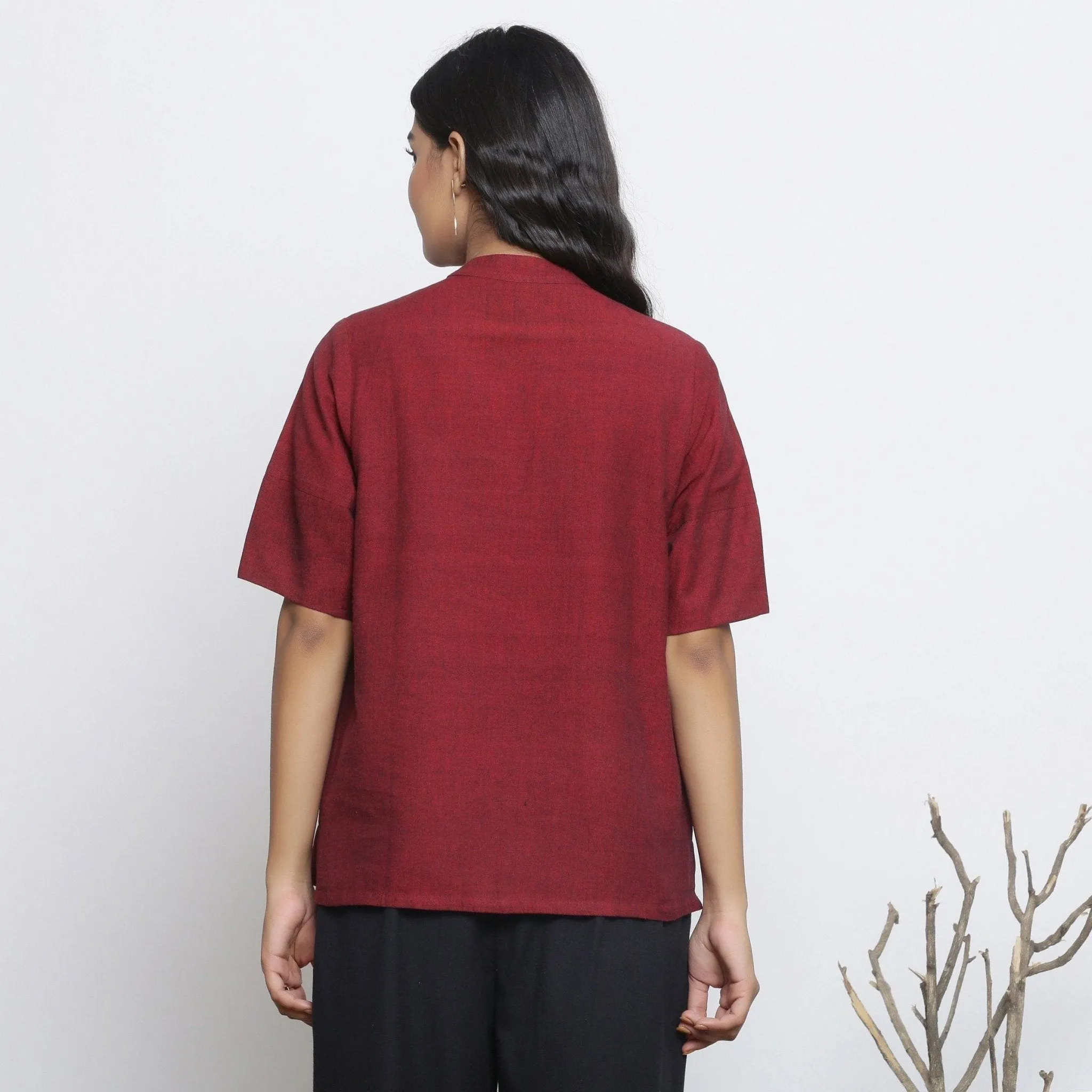 Maroon Handspun Cotton Stand Collar Button-Down Top